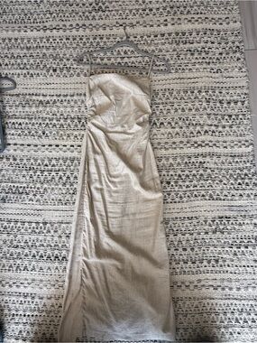 stradivarius Beige Linen-Blend Backless dress